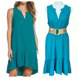 Charles Henry teal sleeveless dress with high low ruffle size M